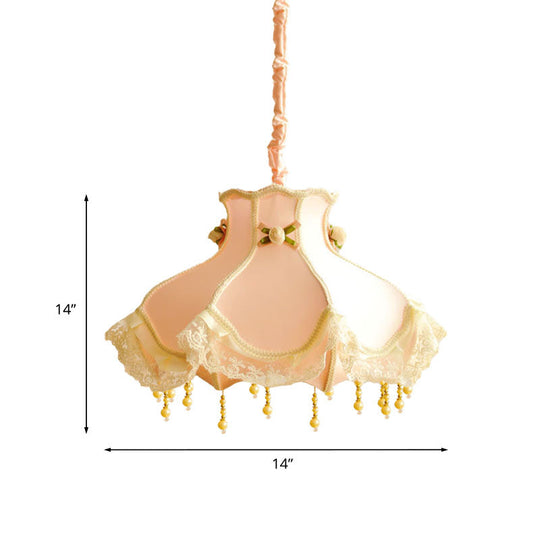 Princess Dress Fabric Hanging Light - Kids White/Pink Ceiling Pendant With Lace Flounce Trim