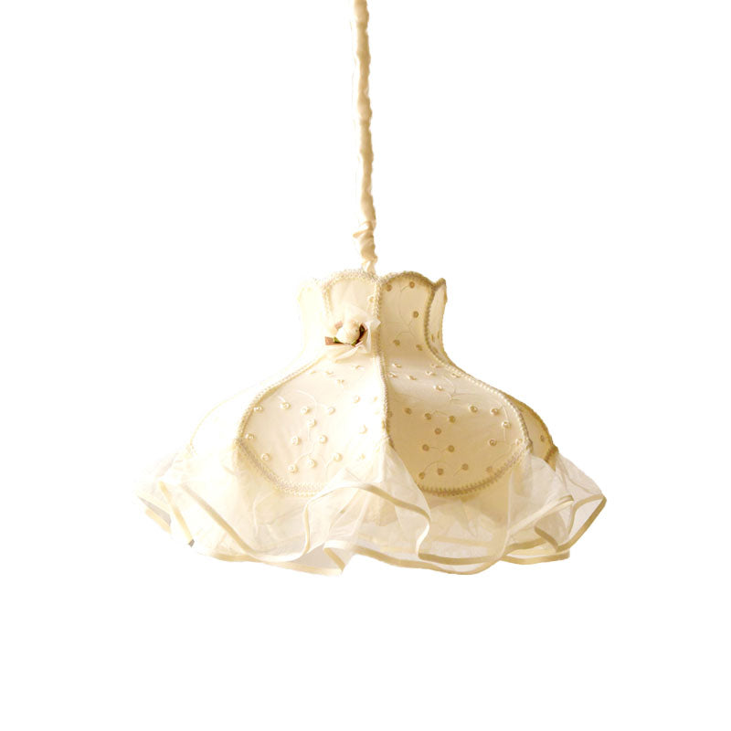 Princess Dress Fabric Hanging Light - Kids White/Pink Ceiling Pendant With Lace Flounce Trim