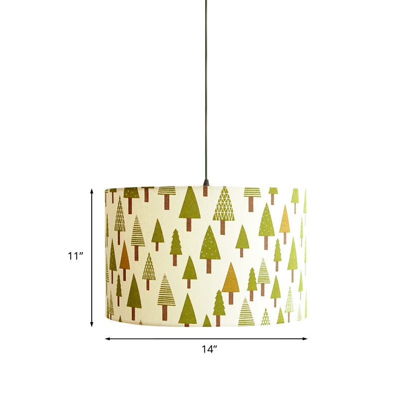 Nordic Print Fabric Drum Pendant Light Fixture - 1-Light White Suspension Lighting With