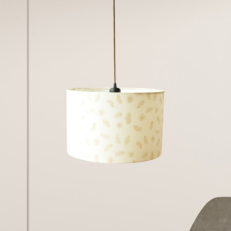 Nordic Print Fabric Drum Pendant Light Fixture - 1-Light White Suspension Lighting With