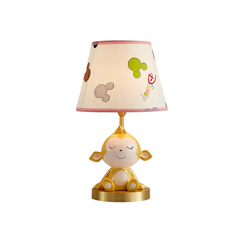 White Cone Nightstand Table Lamp With Cartoon Print Gold Monkey Base