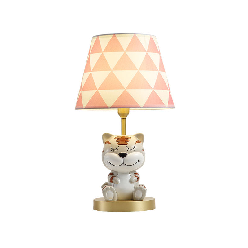 Edasich - Kids' Conical Triangle-Print Fabric Table Light Kids Single Bulb Pink/Blue Night Stand Lamp with Resin Tiger Base