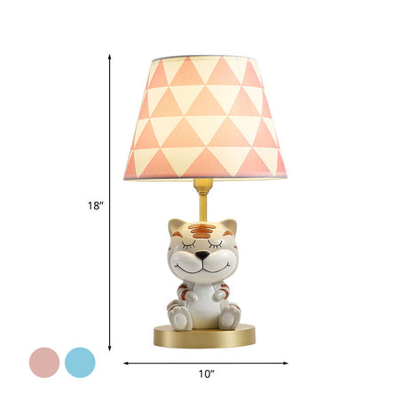 Kids Conical Triangle-Print Fabric Table Light - Single Bulb Pink/Blue Night Stand Lamp With Tiger
