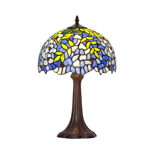 Mediterranean Leaf Pattern Table Lamp Stained Glass Nightstand Light In Bronze