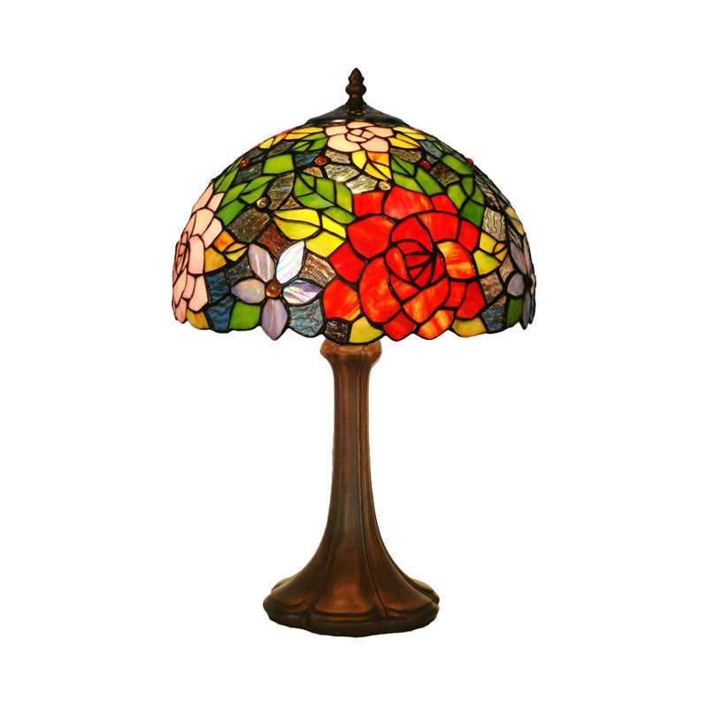 Aria - Victorian Hand-Cut Stained Glass Rose Table Light Victorian 1 Head Bronze Night Stand Lamp