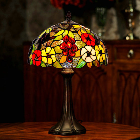 Bronze Stained Glass Night Lamp With Grape And Flower Pattern - Tiffany Table Lighting Dome Shade