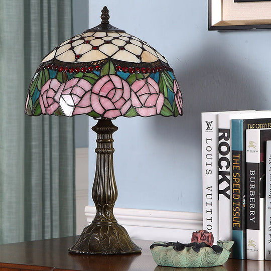 Ariana - Baroque Single Living Room Nightstand Lamp Baroque Bronze Table Light with Beaded Roseborder Stained Glass Shade