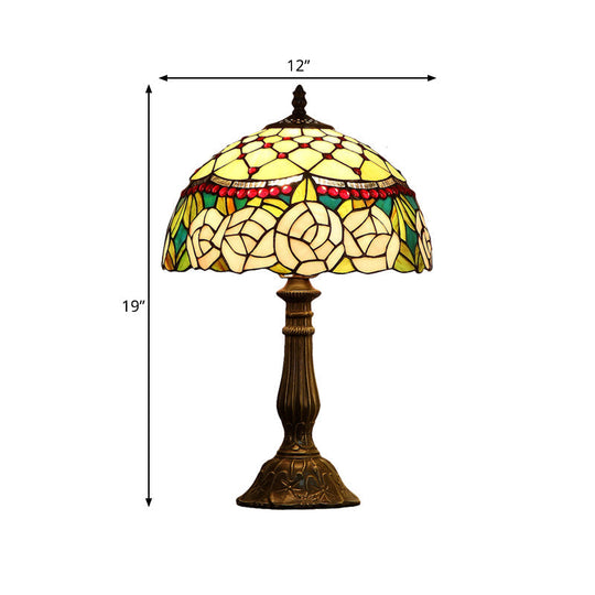Ariana - Baroque Single Living Room Nightstand Lamp Baroque Bronze Table Light with Beaded Roseborder Stained Glass Shade