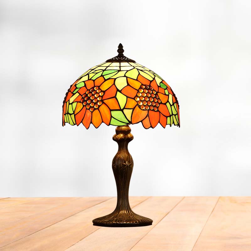 Sunflower Nightstand Lamp: 1-Light Tiffany Table Lamp With Dark Brown Stained Art Glass