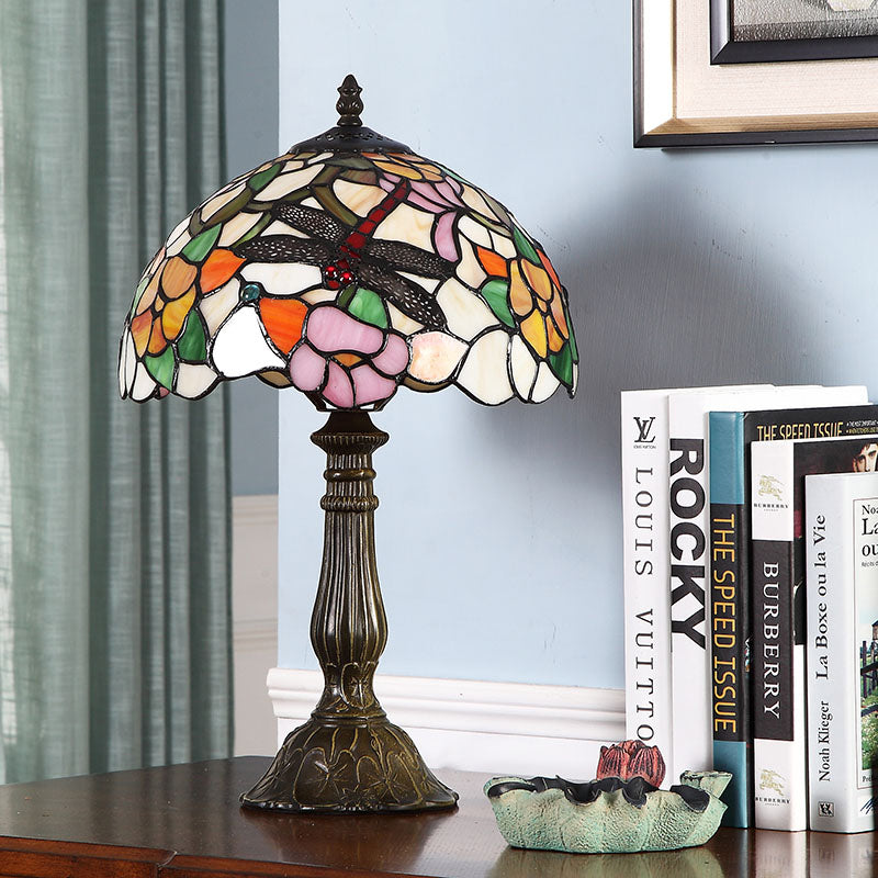Violet - Stunning Hand-Crafted Glass Bronze Night Light Dragonfly and Peony 1 Head Tiffany Table Lamp