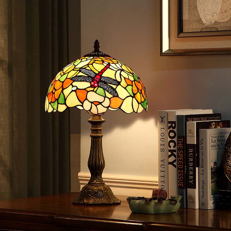 Glass Bronze Night Light Dragonfly And Peony Tiffany Table Lamp