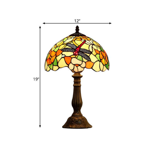 Violet - Stunning Hand-Crafted Glass Bronze Night Light Dragonfly and Peony 1 Head Tiffany Table Lamp