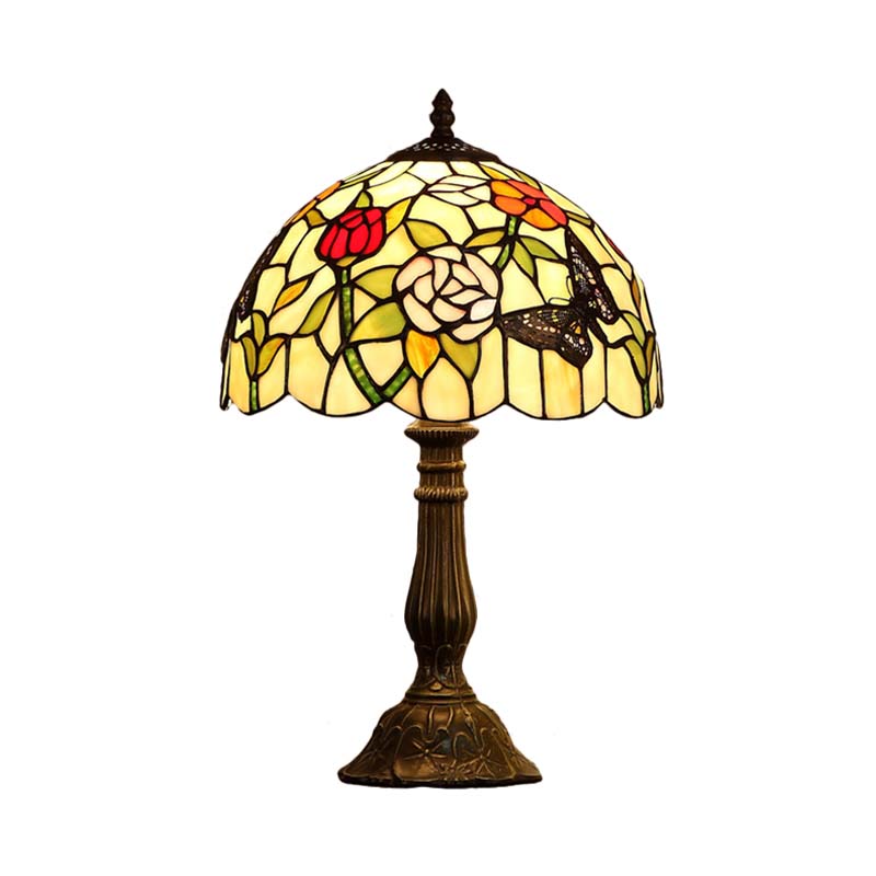 Nora - Tiffany Stained Glass Butterfly and Flowerbud Table Lamp - Single-Bulb