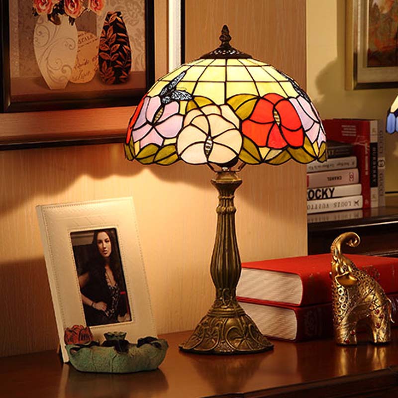 Tiffany Bronze Stained Glass Night Lamp: Grid-Bowl Table Light With Butterfly And Flower Motif