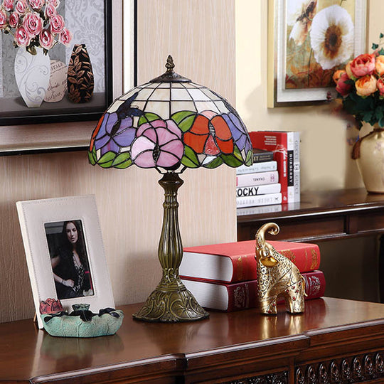 Marina - Tiffany 1 Bulb Grid-Bowl Table Light Tiffany Bronze Stained Glass Night Lamp with Butterfly and Flower Pattern