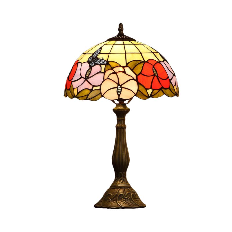 Tiffany Bronze Stained Glass Night Lamp: Grid-Bowl Table Light With Butterfly And Flower Motif