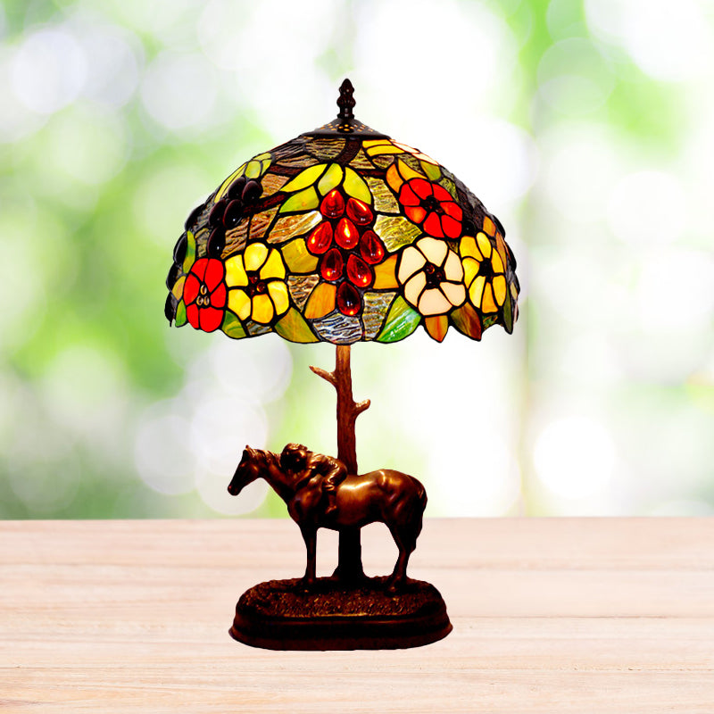 Morning Glory Stained Art Glass Tiffany Table Lamp With Horse Decor - Single Light Coffee Finish