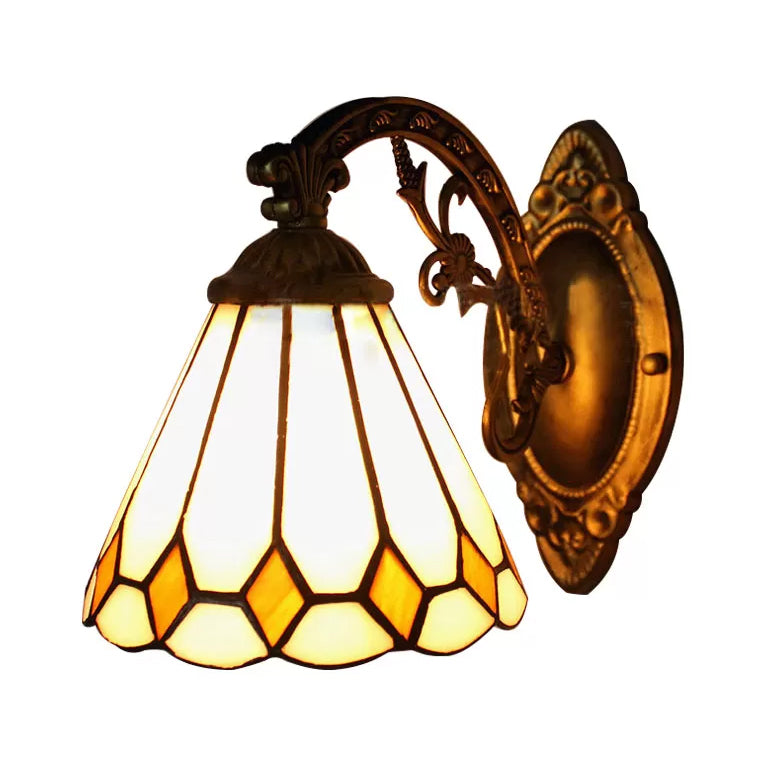 Conical Mini Wall Sconce With Scalloped Shade Art Glass Tiffany Lighting In Brass