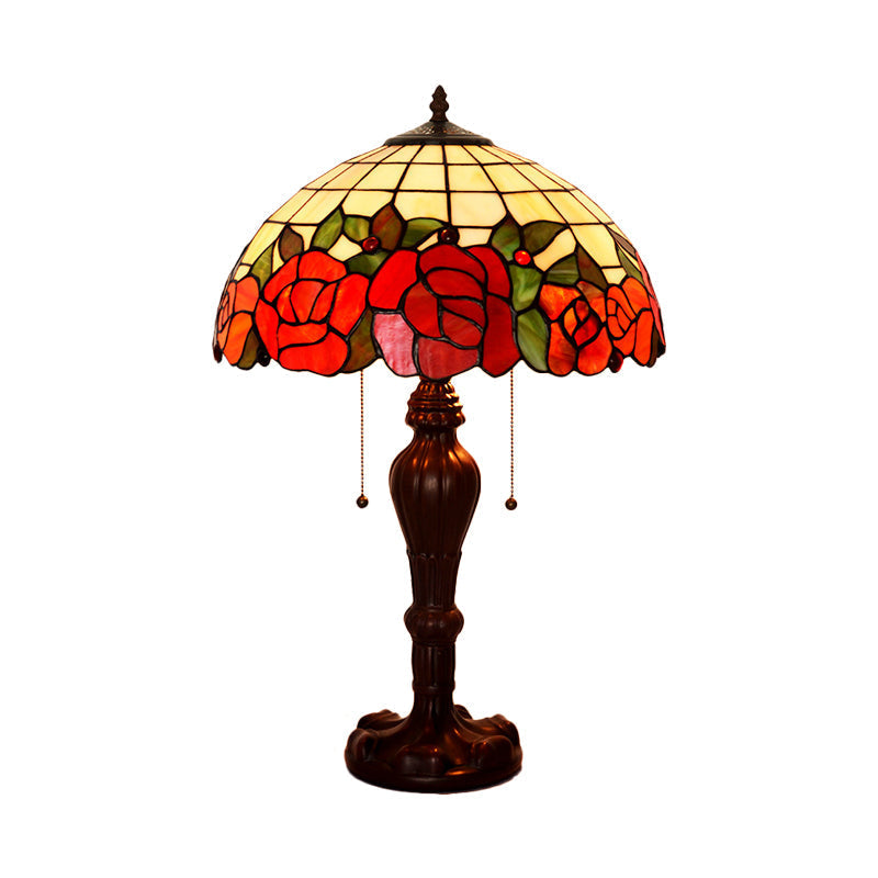2-Light Tiffany Stained Glass Night Lamp With Rose-Edge Gridded Design And Pull Chain In Coffee