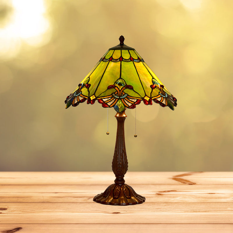 Emerald Green Glass Bronze Table Lamp - Baroque Style Nightstand Light