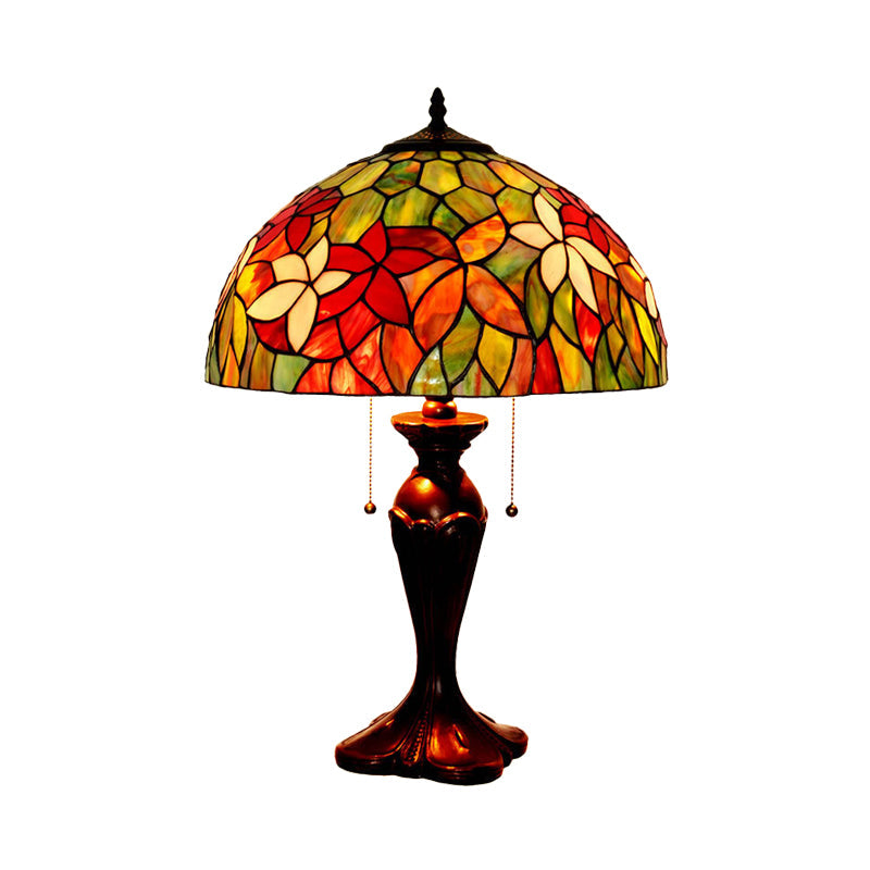 Tiffany Bowl Stained Glass Table Lamp In Bronze - Pull-Chain Nightstand Light With 2 Bulbs