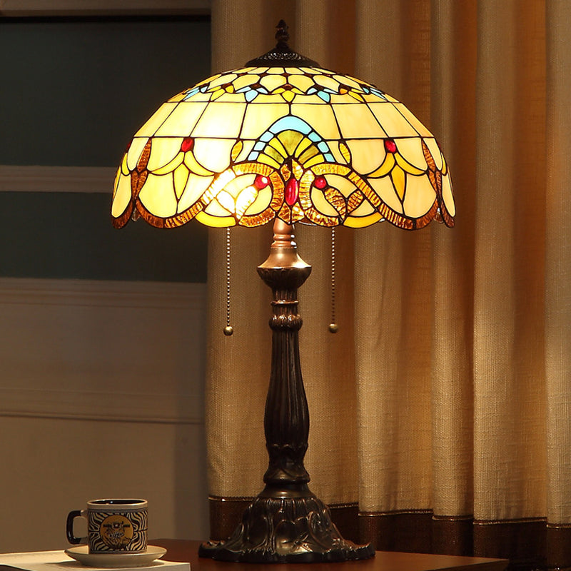 Bronze Tiffany Stained Glass Table Lamp With 2 Grain Pattern Heads And Pull Chain Switch