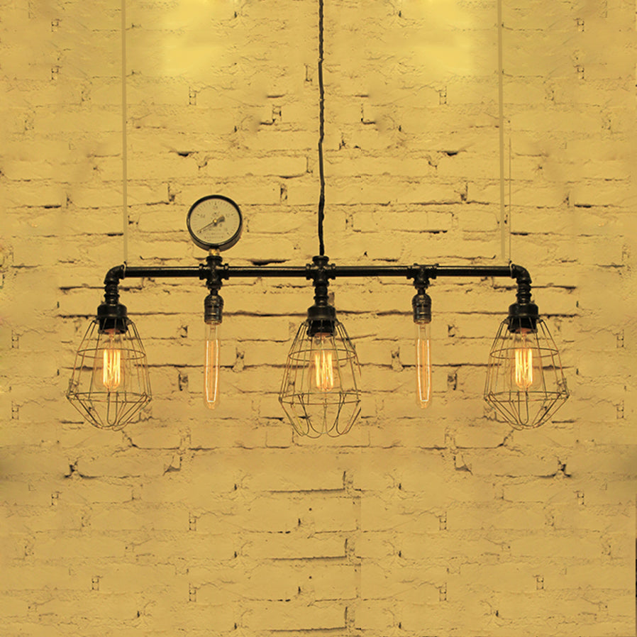 Industrial Metal Piping Island Ceiling Light With Wire Guard - 5-Bulb Pendant Lighting For Dining