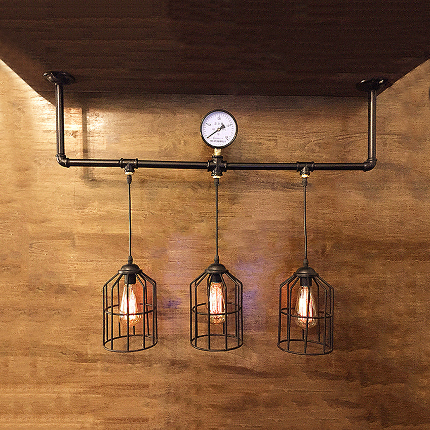 Bronze Industrial Linear Hanging Light With Cage Shade And 3 Lights - Perfect For Island Pendant