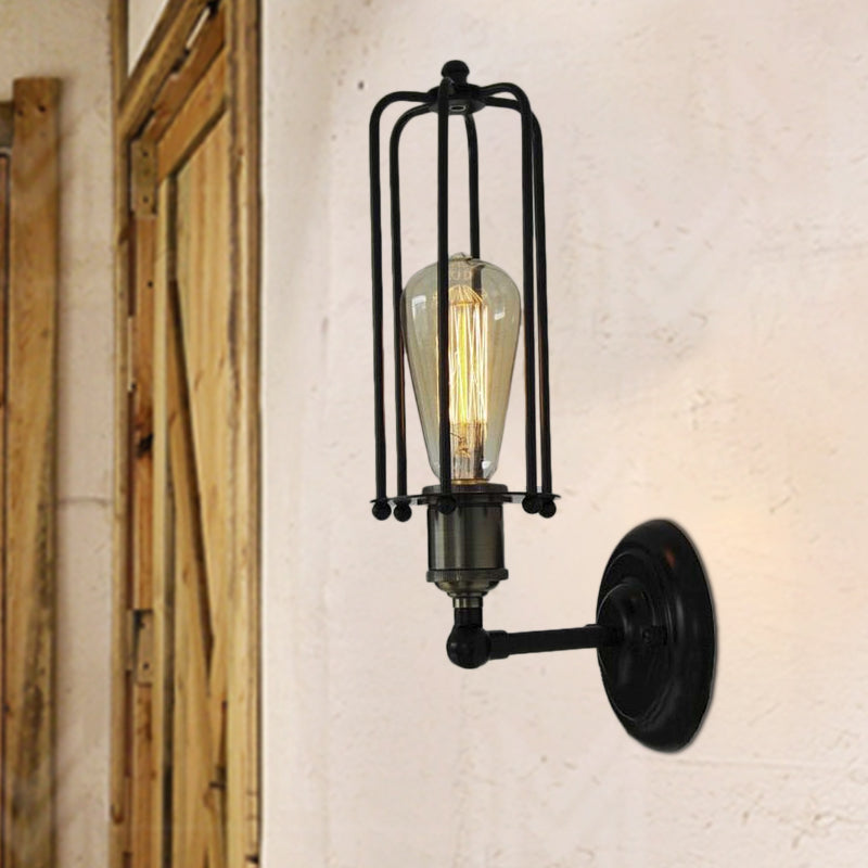 Vintage Industrial Wall Lamp - Mini Metal Fixture In Black With Tubed Cage Shade For Corridor