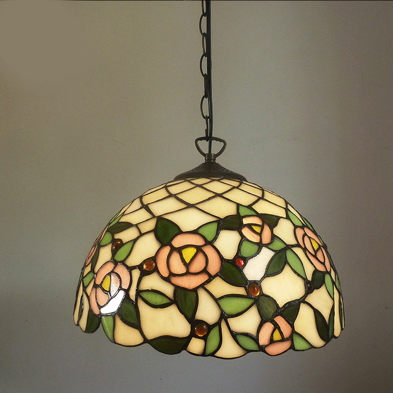 Tiffany-Style Beige Ceiling Pendant Light With Stained Glass Shade - 1 Bulb Bedroom Hanging Lamp
