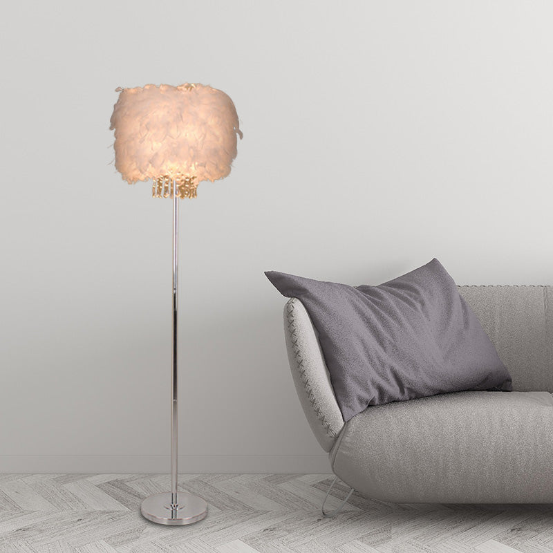 Modern Feather Drum Shade Floor Lamp - White Stand With Crystal Drop Single Bulb Light