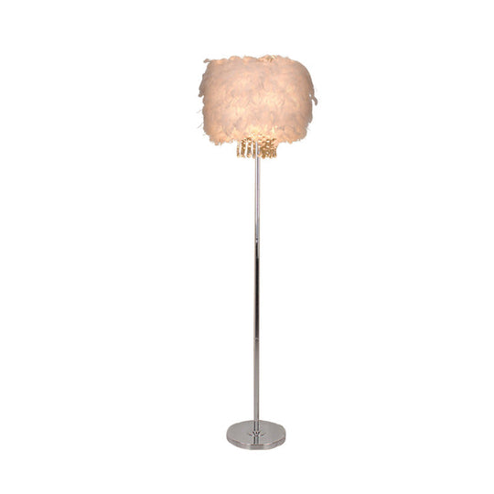 Modern Feather Drum Shade Floor Lamp - White Stand With Crystal Drop Single Bulb Light