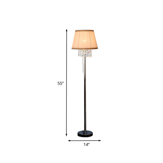 Modern Coffee Fabric Floor Lamp With Crystal Draping - 1-Light Reading Light For Living Room