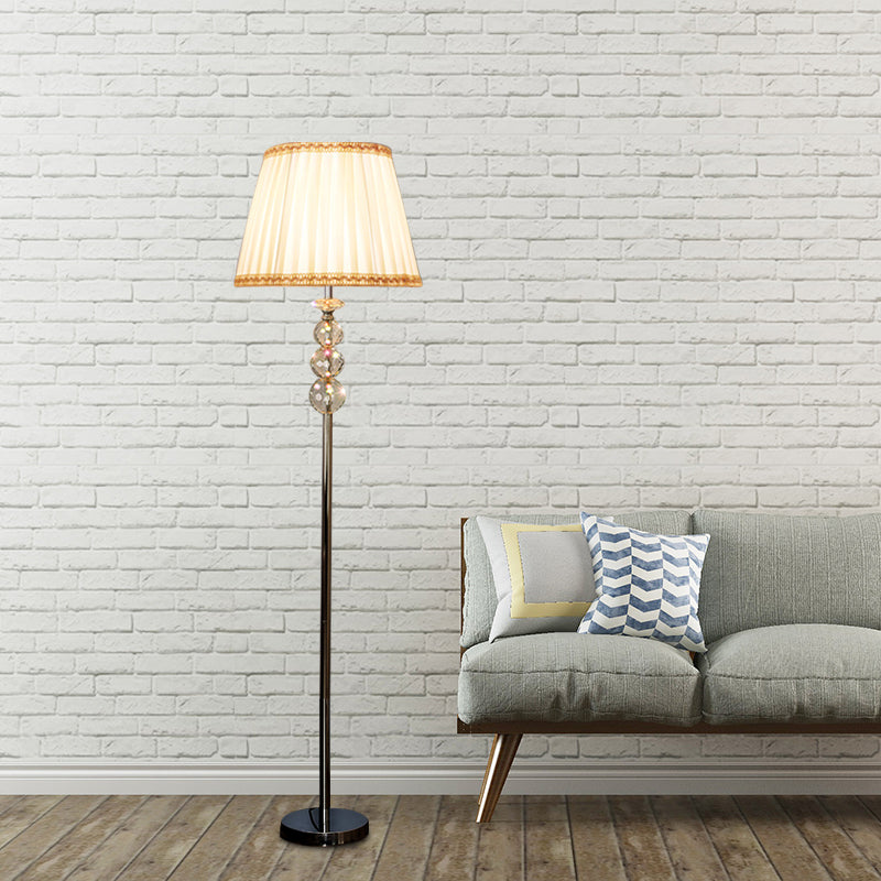 Modern Yellow Floor Standing Lamp With Crystal Accent - Braided Trim & Pleated Fabric