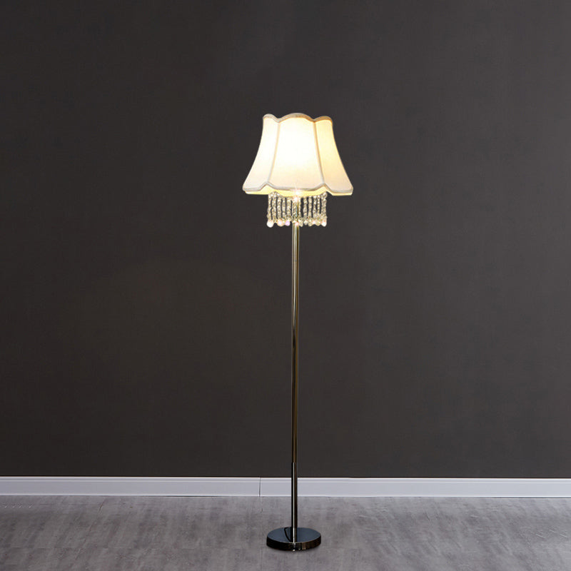 Modern White Fabric Flared Floor Reading Lamp With Crystal Drape