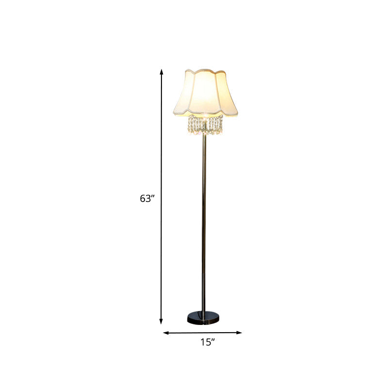 Modern White Fabric Flared Floor Reading Lamp With Crystal Drape