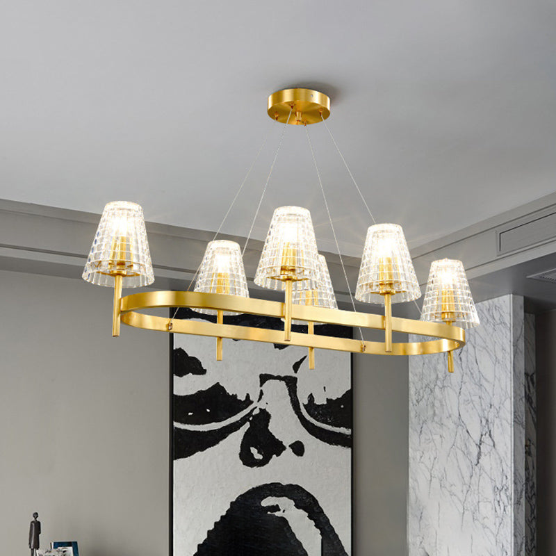 Gold Gridded Crystal Island Pendant Light With 6 Traditional Bulbs For Dining Room