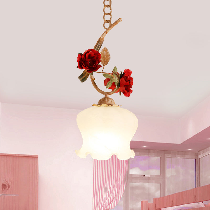 1 Bulb Down Pendant Lamp In Red With Frosted Glass & American Flower Lettuce-Edge Design White