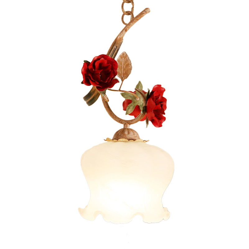 1 Bulb Down Pendant Lamp In Red With Frosted Glass & American Flower Lettuce-Edge Design