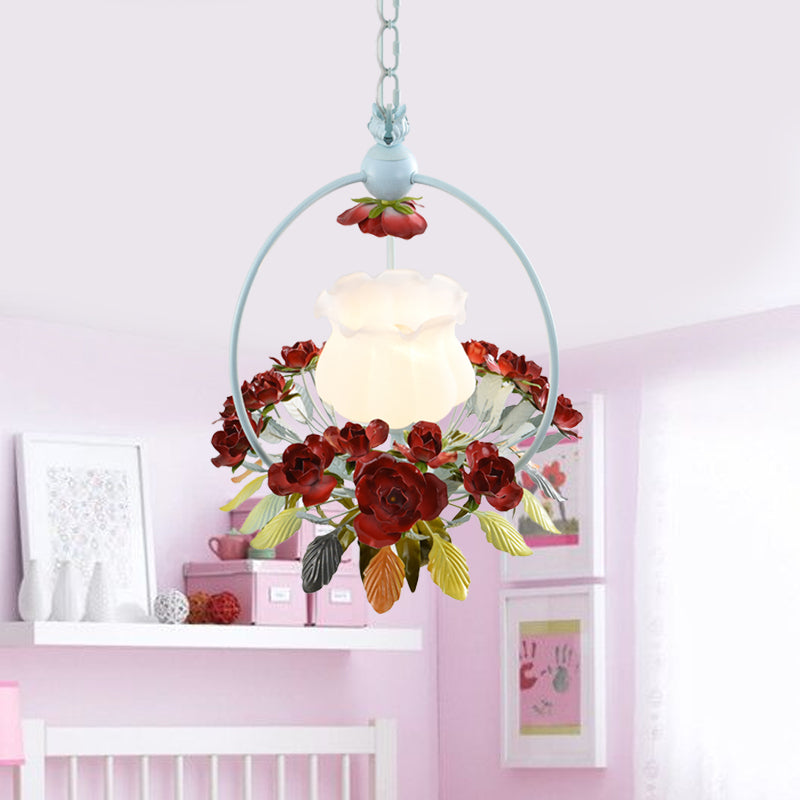 Romantic Opal Glass Bedroom Pendulum Light With Red And White Pendant