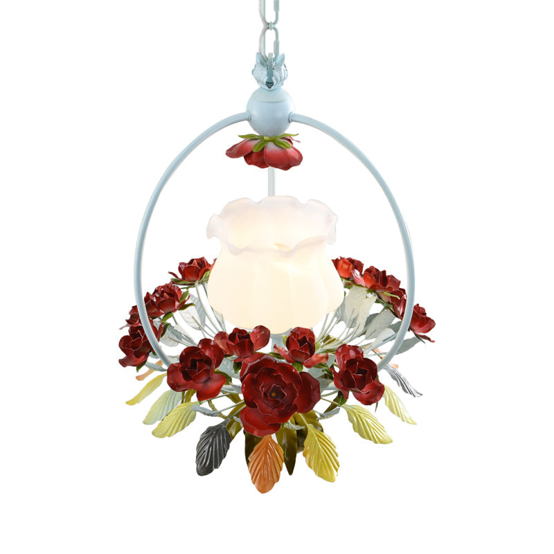 Romantic Opal Glass Bedroom Pendulum Light With Red And White Pendant