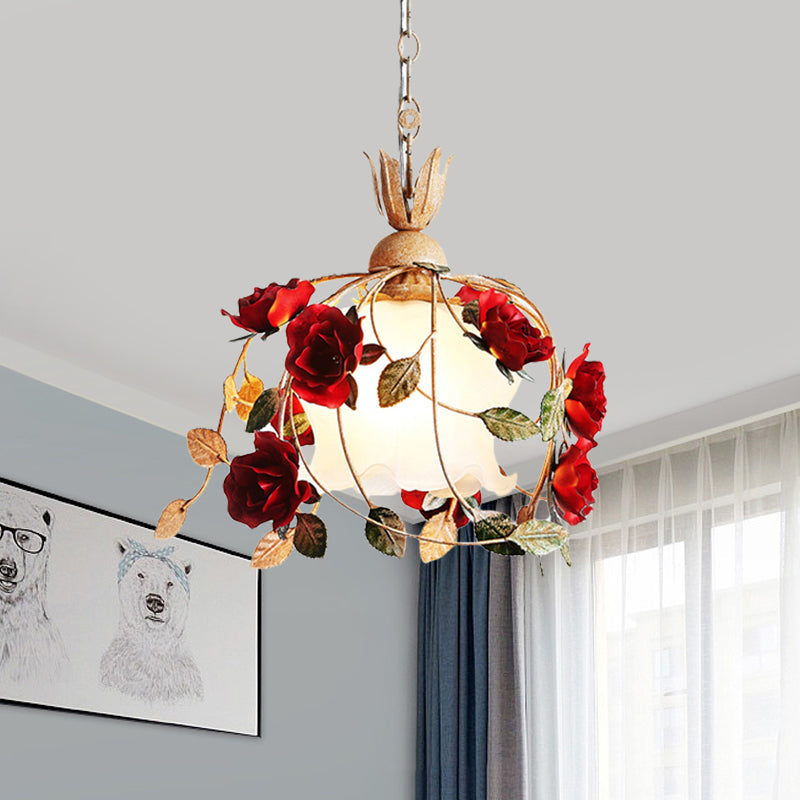 Frosted White Glass Drop Pendant Hanging Light Kit - Countryside Red Flowering Dining Table Accent