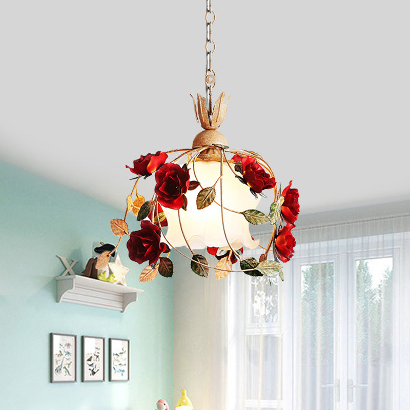 Frosted White Glass Drop Pendant Hanging Light Kit - Countryside Red Flowering Dining Table Accent