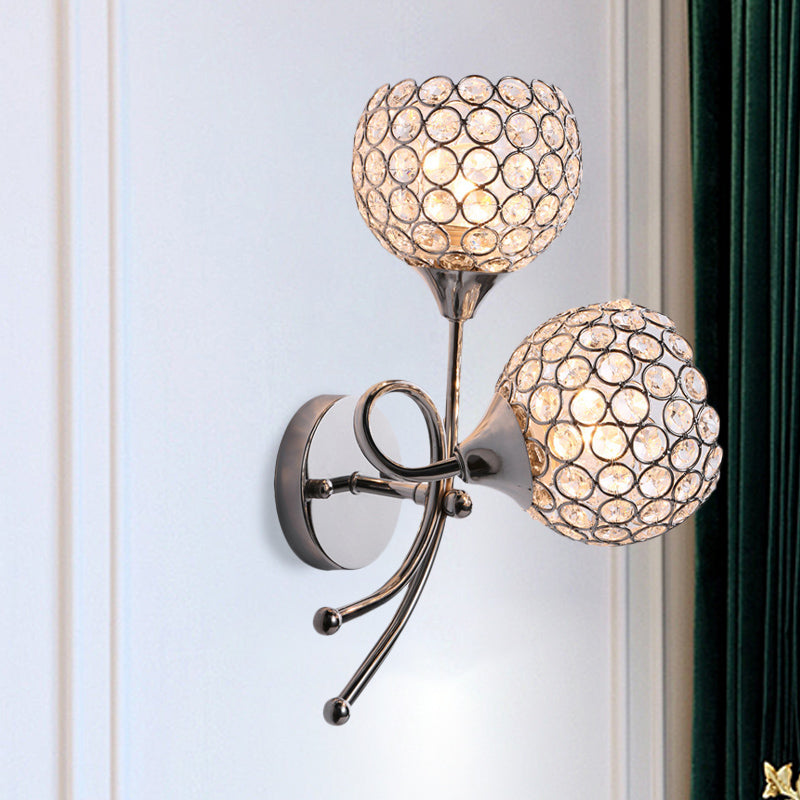 Contemporary Crystal Dome Sconce With Dual Heads - Wall Mounted Silver Light Fixture