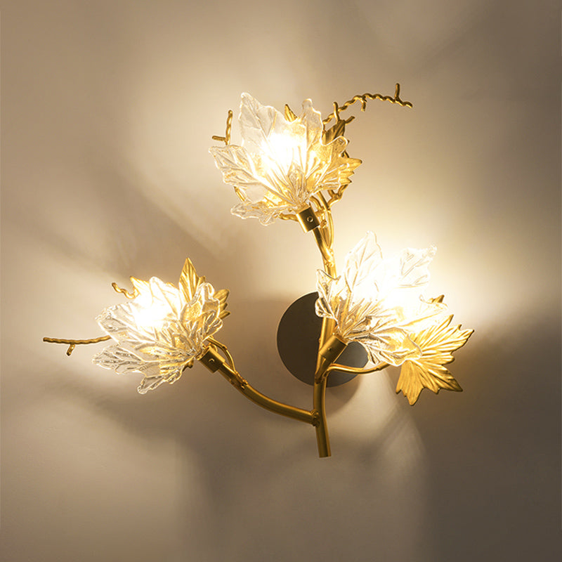 Modern Gold Maple Leaf Glass Sconce - Clear 3-Light Wall Fixture For Dining Room Lighting