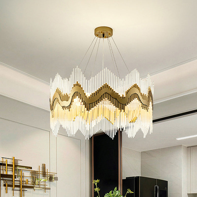 Postmodern Ruffle Edge Crystal Chandelier With Brass Finish - 8-Head Suspension Light For Living