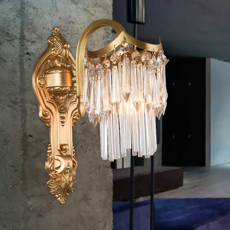 Modern Crystal Wall Sconce With Brass Finish And Carved Backplate - 2 Tiers Single Light Ideal For