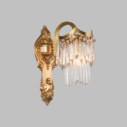 Modern Crystal Wall Sconce With Brass Finish And Carved Backplate - 2 Tiers Single Light Ideal For