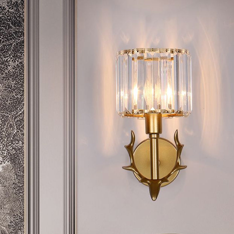 Contemporary Gold Crystal Cylinder Wall Sconce With Antler Decor 1 Bulb Living Room Light