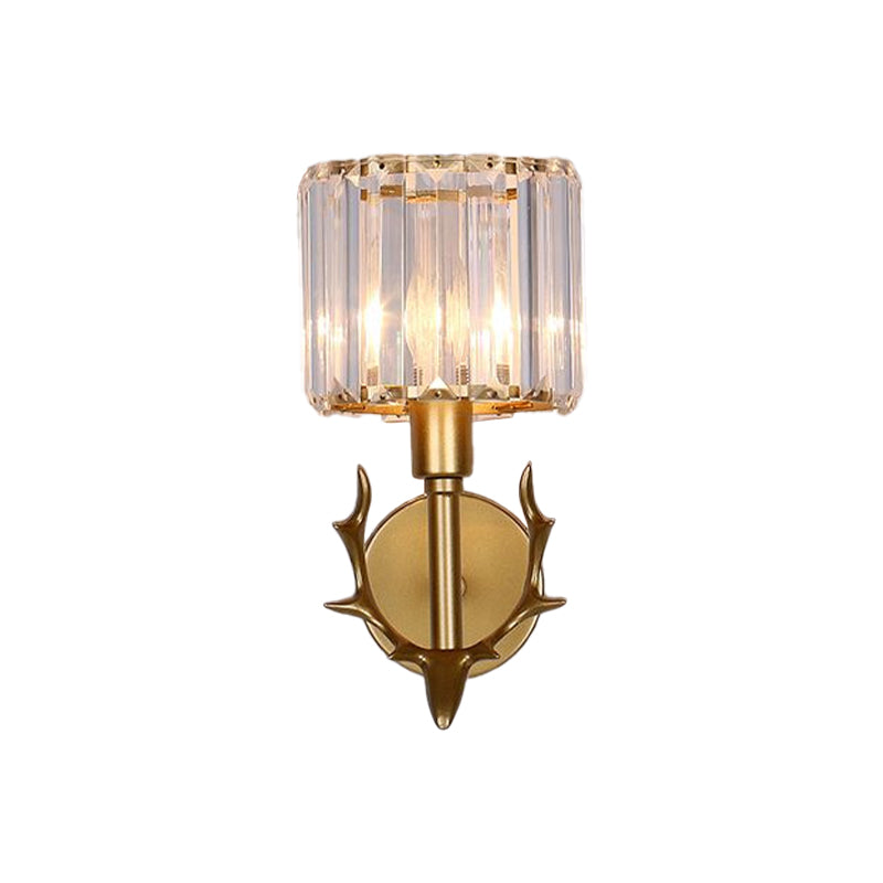 Contemporary Gold Crystal Cylinder Wall Sconce With Antler Decor 1 Bulb Living Room Light